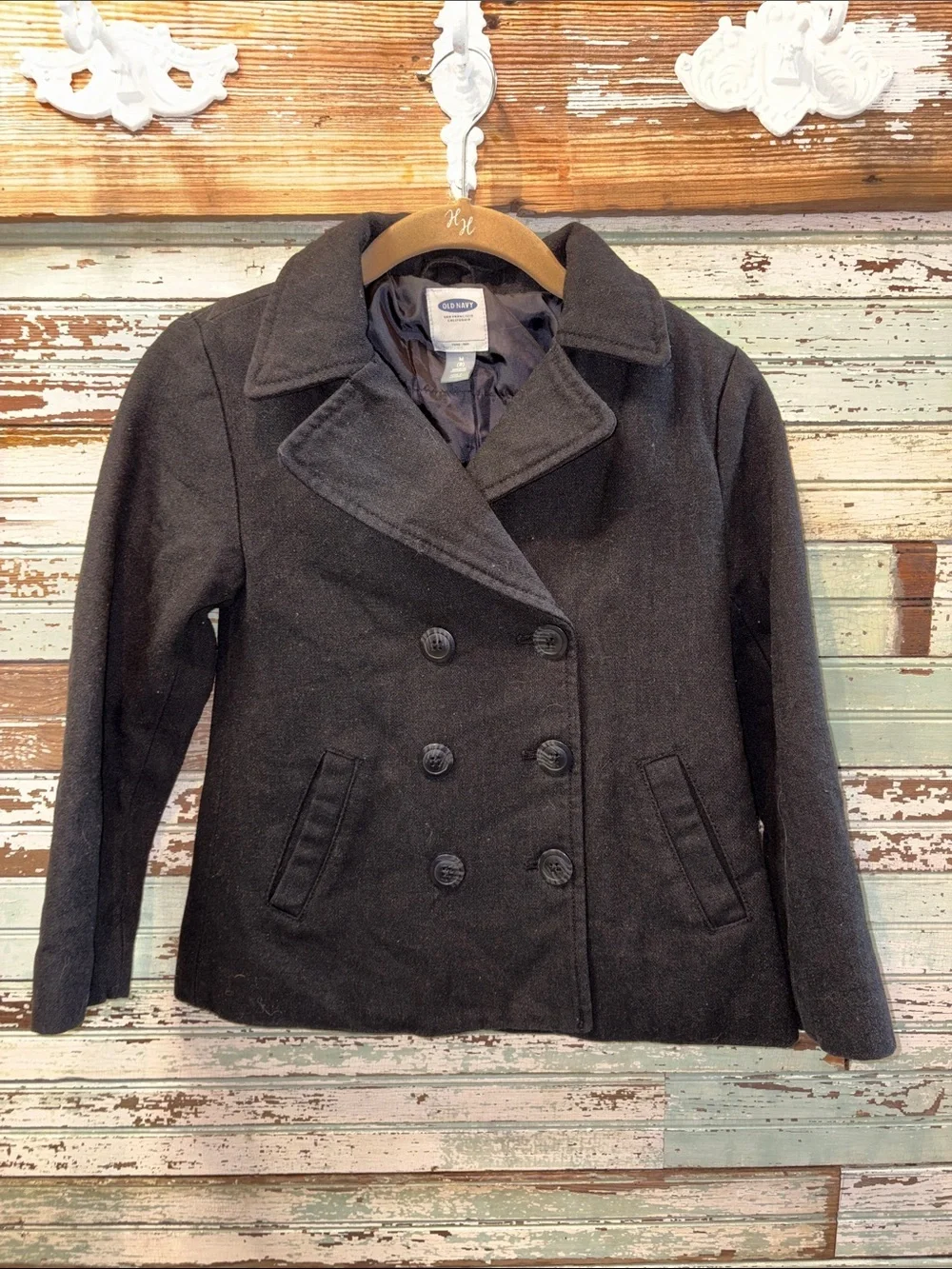 Old Navy Children’s wool Black Double-Breasted Pea Coat with Notched Collar